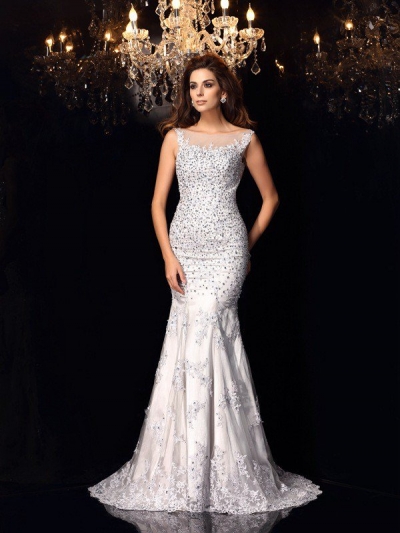 Trumpet/Mermaid Scoop Beading Sleeveless Long Tulle Dresses [50816]