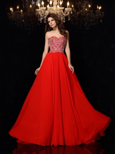 A-Line/Princess Sweetheart Beading Sleeveless Long Chiffon Dresses [51231]