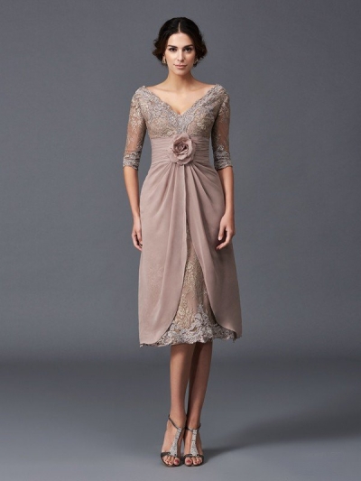 A-Line/Princess V-neck Hand-Made Flower 1/2 Sleeves Short Lace Mother of the Bride Dresses [60102]