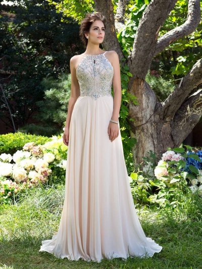 A-Line/Princess Spaghetti Straps Beading Sleeveless Long Chiffon Dresses