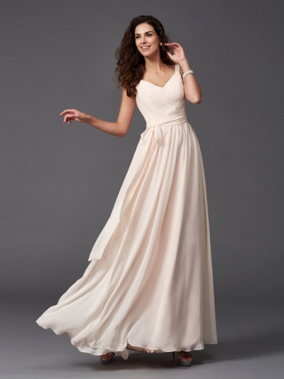 A-Line/Princess Straps Sash/Ribbon/Belt Sleeveless Long Chiffon Bridesmaid Dresses [60273]