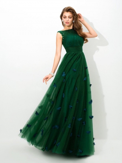 A-Line/Princess Sheer Neck Beading Sleeveless Long Net Dresses [60413]