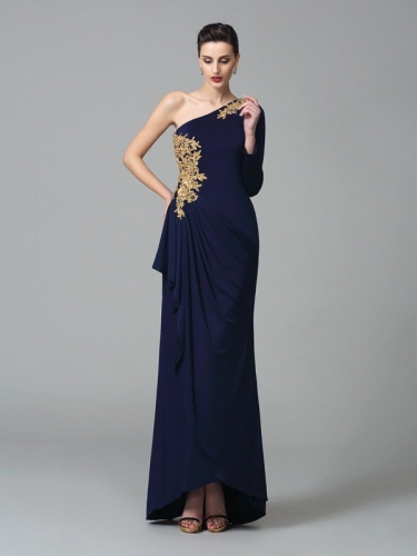 Sheath/Column One-Shoulder Embroidery Long Sleeves Long Spandex Dresses