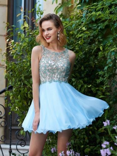 A-Line/Princess Scoop Sleeveless Chiffon Beading Short/Mini Dresses