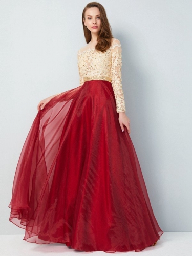 A-Line/Princess Sheer Neck Floor-Length Long Sleeves Applique Organza Dresses