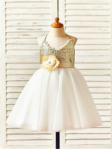 A-line/Princess Halter Sleeveless Tea-Length Sequin Tulle Flower Girl Dresses