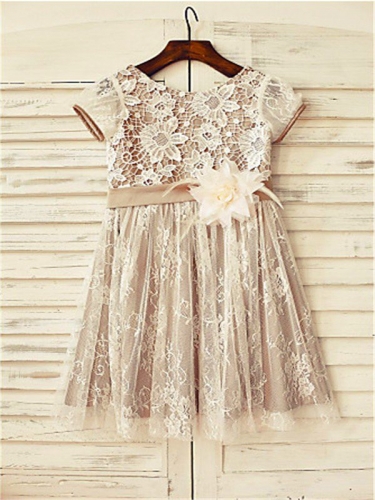 A-line/Princess Scoop Short Sleeves Hand-made Flower Tea-Length Lace Flower Girl Dresses