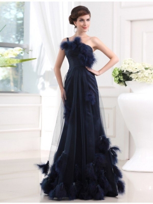 Trumpet/Mermaid One-shoulder Sleeveless Long Satin Tulle Feathers/Fur Dresses