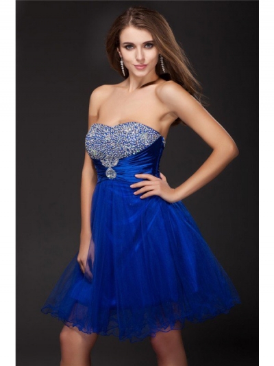 A-Line/Princess Strapless Beading Sleeveless Short Net Elastic Woven Satin Cocktail Dresses [N13ZYDRESS104]