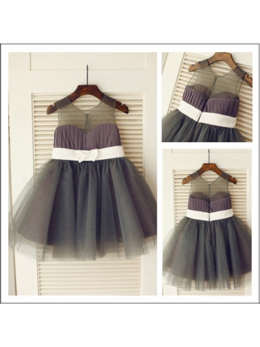 A-Line/Princess Scoop Sleeveless Sash/Ribbon/Belt Long Tulle Flower Girl Dresses