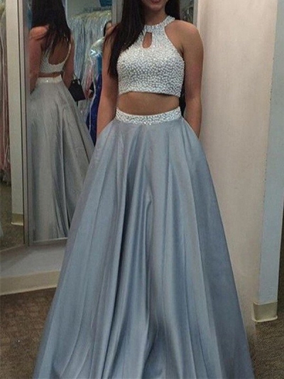 A-Line/Princess Sleeveless Halter Beading Satin Floor-Length Two Piece Dresses [PO16033PO396]