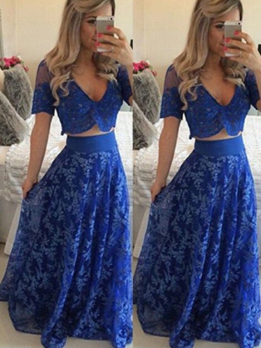 A-Line/Princess V-neck Short Sleeves Floor-Length Lace Two Piece Dresses