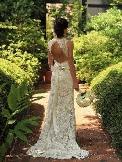 Sheath/Column Sleeveless Lace V-neck Sweep/Brush Train Wedding Dresses [PO16033PO512]