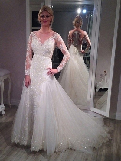 A-Line/Princess V-neck Sweep/Brush Train Long Sleeves Sequin Tulle Wedding Dresses [PO16033PO530]