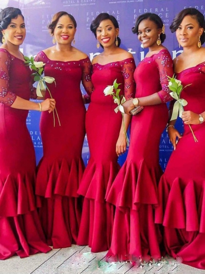 Trumpet/Mermaid 3/4 Sleeves Off-the-Shoulder Floor-Length Ruched Satin Bridesmaid Dresses [PO16033PO590]