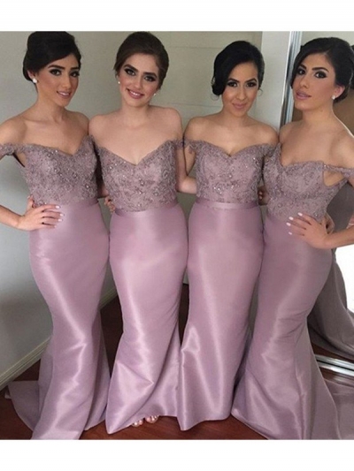 Trumpet/Mermaid Off-the-Shoulder Sleeveless Sweep/Brush Train Beading Satin Bridesmaid Dresses