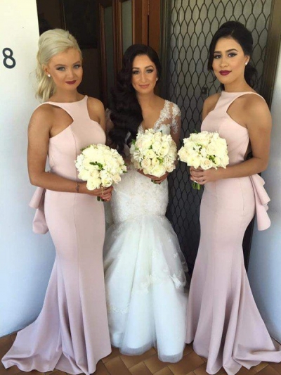 Trumpet/Mermaid Halter Sleeveless Sweep/Brush Train Satin Bridesmaid Dresses