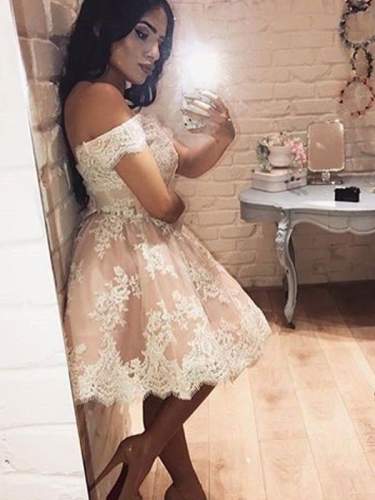 A-Line/Princess Sleeveless Off-the-Shoulder Lace Short/Mini Dresses