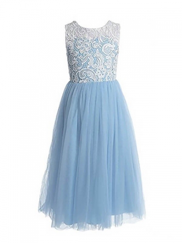 A-Line/Princess Sleeveless Jewel Lace Floor-Length Tulle Flower Girl Dresses