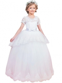 Ball Gown Jewel Short Sleeves Lace Floor-Length Tulle Flower Girl Dresses