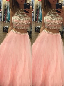 A-Line/Princess Halter Sleeveless Tulle Floor-Length Beading Two Piece Dresses