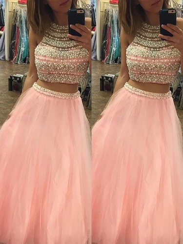A-Line/Princess Halter Sleeveless Tulle Floor-Length Beading Two Piece Dresses
