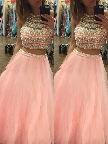 A-Line/Princess Halter Sleeveless Tulle Floor-Length Beading Two Piece Dresses