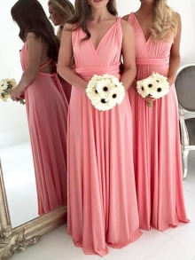 A-Line/Princess V-neck Floor-Length Chiffon Sleeveless Bridesmaid Dresses