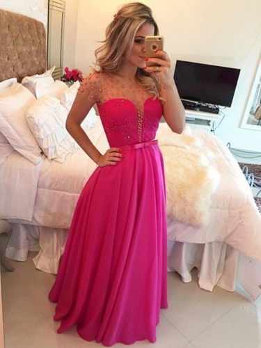 A-Line/Princess Scoop Short Sleeves Beading Floor-Length Chiffon Dresses