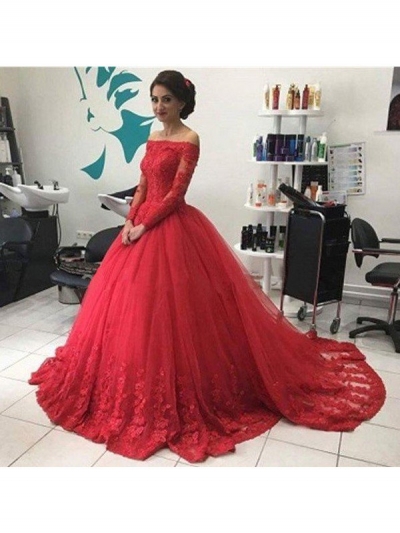 Ball Gown Off-the-Shoulder Long Sleeves Lace Tulle Sweep/Brush Train Dresses