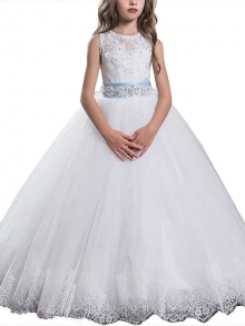 Ball Gown Scoop Sleeveless Applique Floor-Length Tulle Flower Girl Dresses