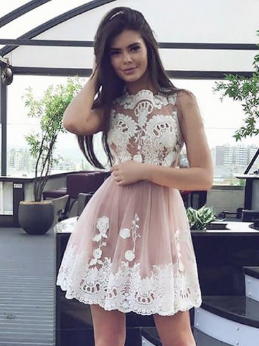 A-Line/Princess Scoop Sleeveless Lace Short/Mini Chiffon Dresses