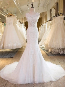 Trumpet/Mermaid Scoop Tulle Sleeveless Sweep/Brush Train Wedding Dresses