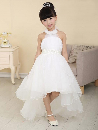 A-line/Princess High Neck Sleeveless Beading High Low Organza Flower Girl Dresses [POWDN14077BN259]