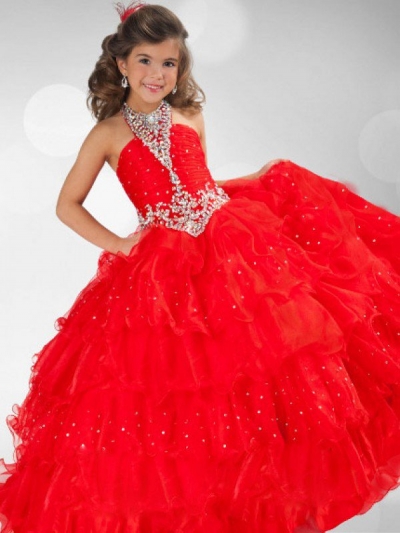 Ball Gown Halter Sequin Rhinestone Sleeveless Long Organza Flower Girl Dresses [POWDN14077BN287]