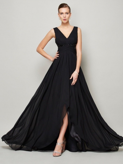 A-Line/Princess V-neck Sleeveless Beading Long Chiffon Dresses