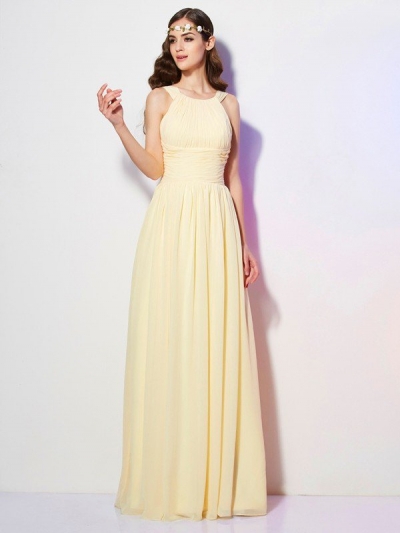 A-Line/Princess Bateau Sleeveless Pleats Long Chiffon Bridesmaid Dresses [40464]