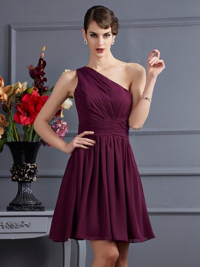 A-Line/Princess One-Shoulder Sleeveless Pleats Short Chiffon Bridesmaid Dresses [40470]