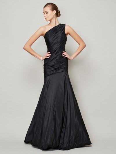 A-Line/Princess One-Shoulder Sleeveless Pleats Long Taffeta Bridesmaid Dresses [40492]