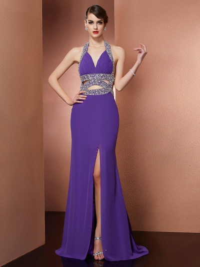 A-Line/Princess Halter Sleeveless Beading Long Chiffon Dresses [40597]