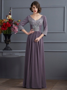 Sheath/Column V-neck 3/4 Sleeves Beading Long Chiffon Mother of the Bride Dresses