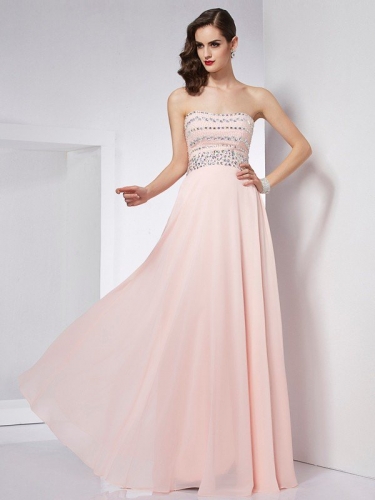 A-Line/Princess Strapless Sleeveless Beading Long Chiffon Dresses