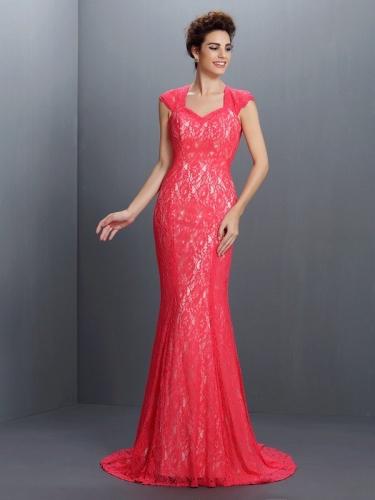 Trumpet/Mermaid V-neck Lace Sleeveless Long Lace Dresses