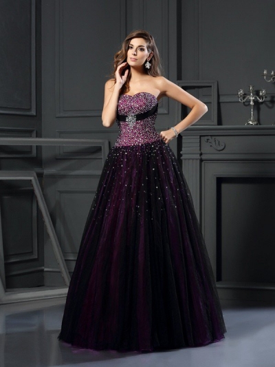 Ball Gown Sweetheart Beading Sleeveless Long Satin Quinceanera Dresses [50097]