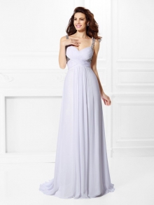 A-Line/Princess Straps Pleats Beading Sleeveless Long Chiffon Dresses