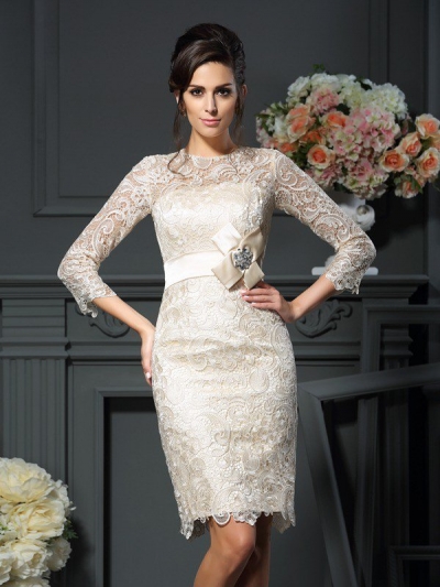 Sheath/Column Scoop Bowknot 3/4 Sleeves Short Lace Mother of the Bride Dresses [50121]