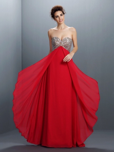 A-Line/Princess Sweetheart Beading Paillette Sleeveless Long Chiffon Dresses