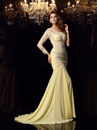 Trumpet/Mermaid One-Shoulder Applique Long Sleeves Long Chiffon Dresses