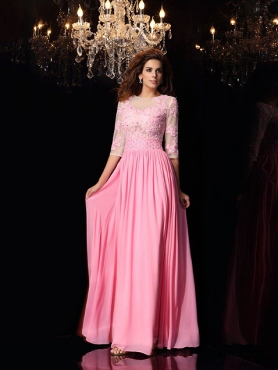 A-Line/Princess Scoop Applique 1/2 Sleeves Long Silk like Satin Dresses [50206]