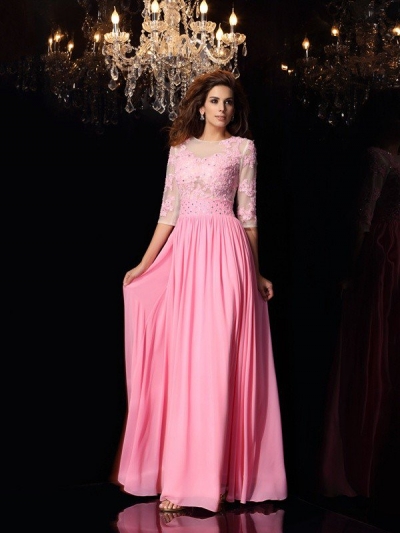 A-Line/Princess Scoop Applique 1/2 Sleeves Long Silk like Satin Dresses